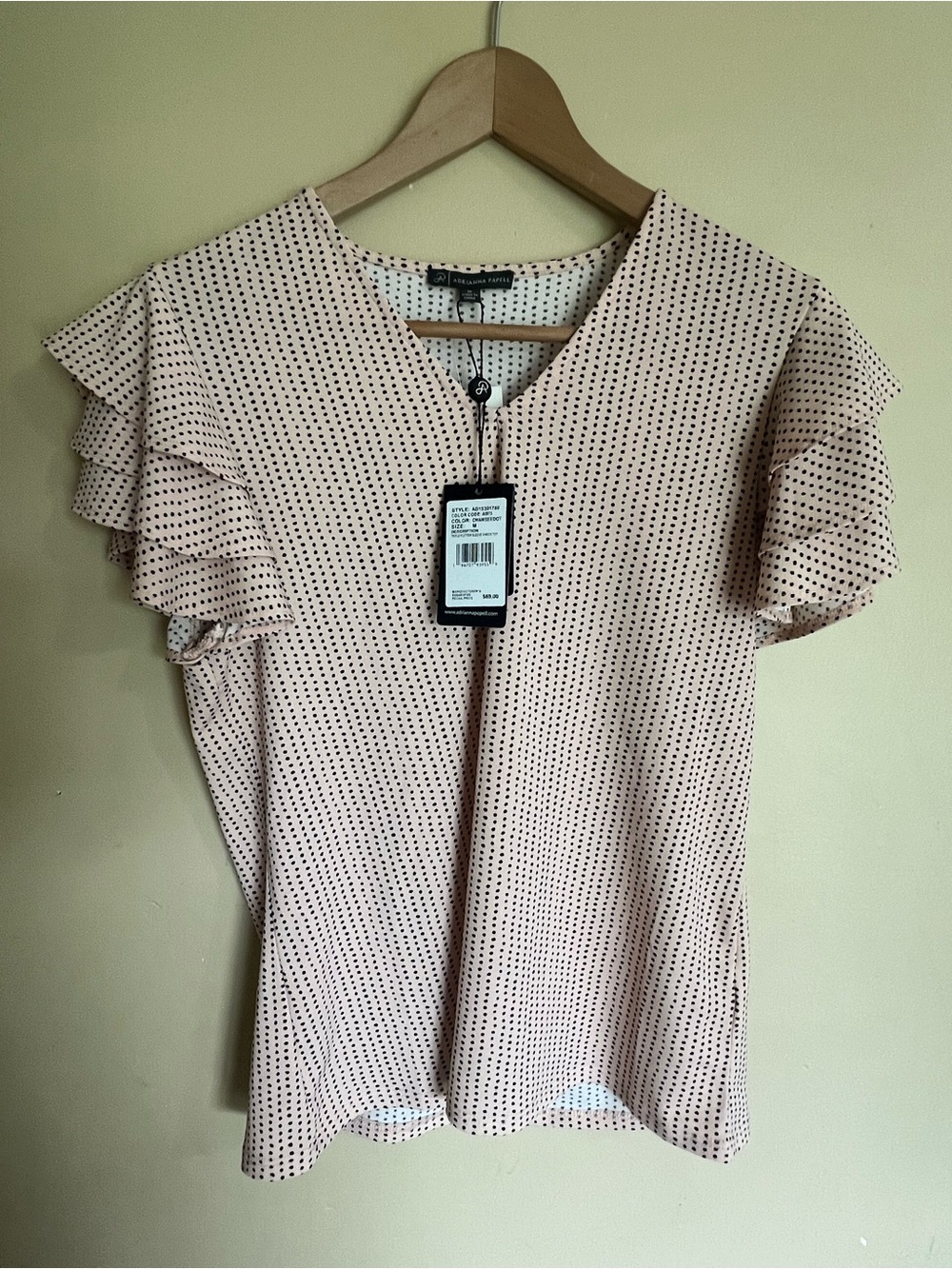 Adrianna Papell Blush Pink Polka Dot Ruffle Sleeve V-Neck Top